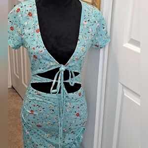 CBR Teal Floral Pattern With Tie Up Wrap Minidress